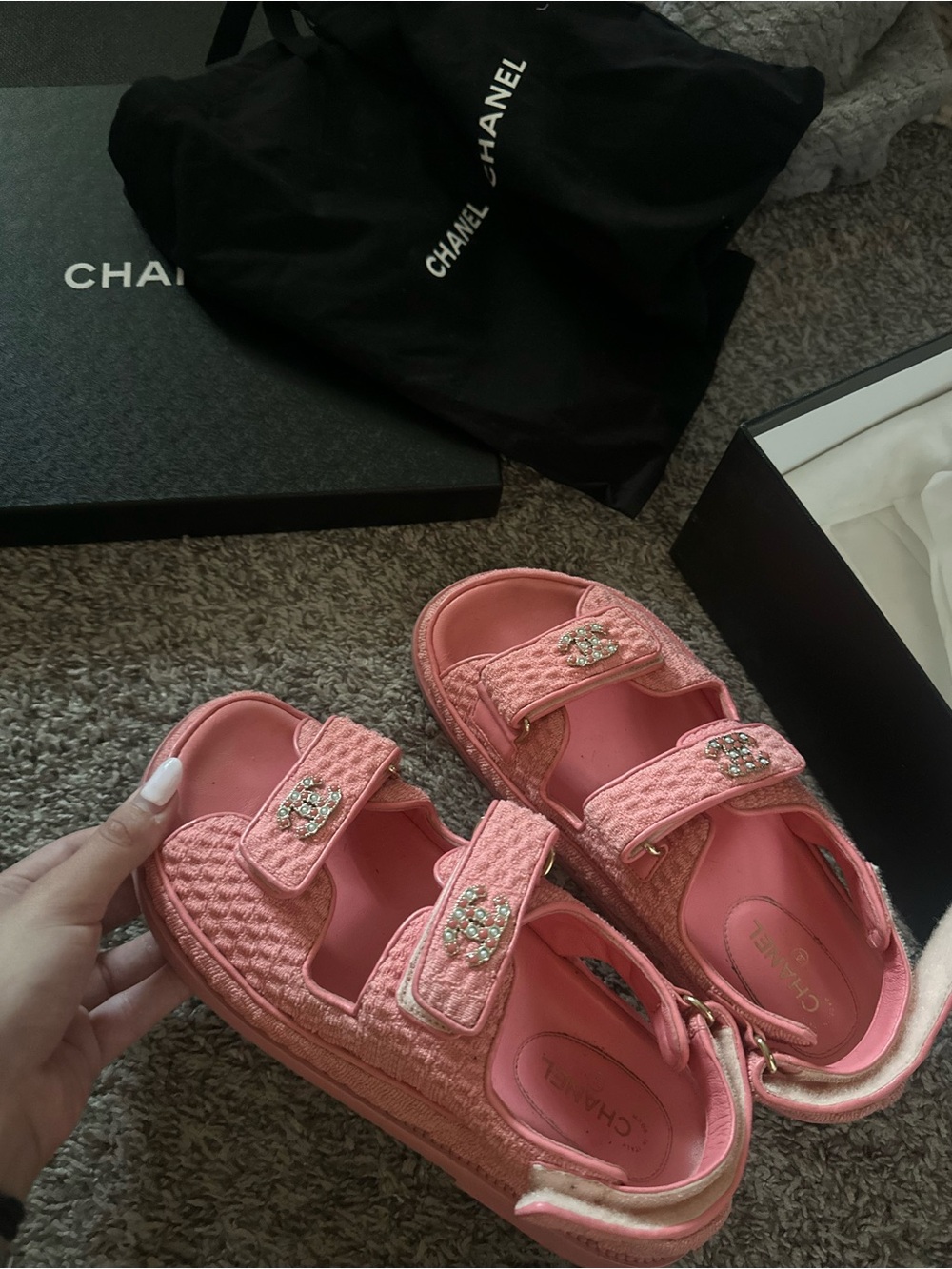 CHANEL Coral Pink Crystal CC Strap Sandals - Picture 7 of 10